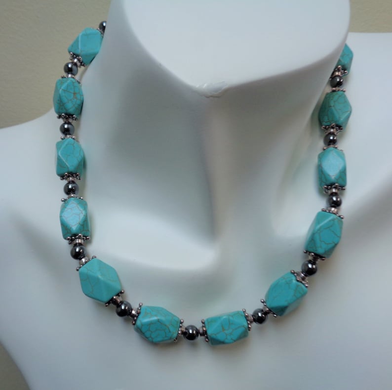 by lanesamarie Turquoise and Black Jewelry set Geometric Black Hematite /& Howlite Necklace Earring Set Non Magnetic Hematite Jewelry Set