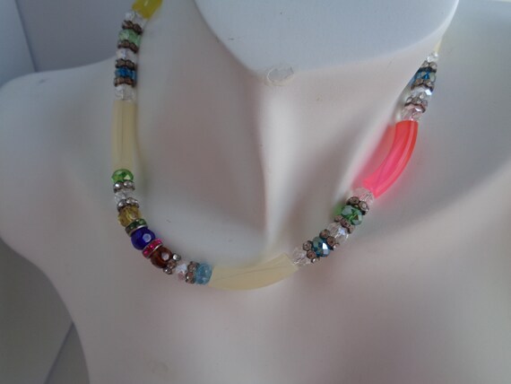 Eye-Catching Curved Tube Crystal Necklace | Vibrant Rainbow Beads | Joyful Summer Beach Jewelry | Fun & Trendy Fashion Accessory