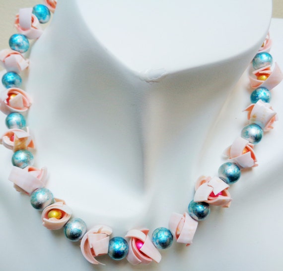 Blue Pink Sprayed Glass Bead Necklace - Peach Shell Chip Necklace - Unique Rose Buds Glass Beaded Necklace, Fashion Jewelry, by lanesamarie
