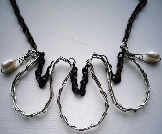 Mother's Day Abstract Silver Pendant Necklace, Twisted Wire Pendant, Black Chain Necklace,  Charcoal Metal Chain Necklace, Freshwater Pearl
