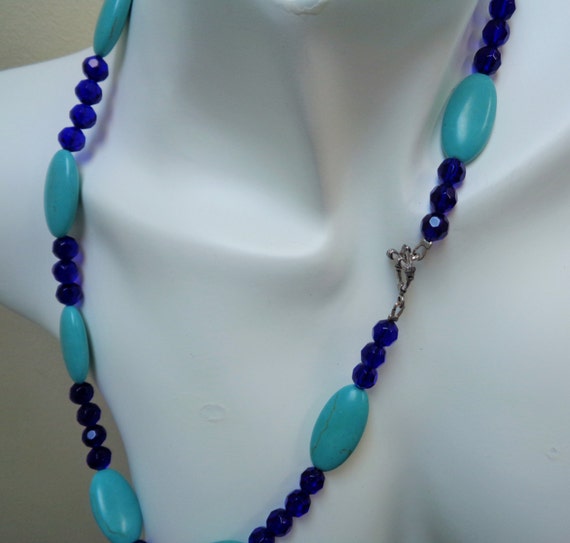 Eye Shape Turquoise Howlite Necklace - Teal Turquoise and Royal Royal Blue Swarovski Statement Necklace - Long Bead Necklace, by lanesamarie