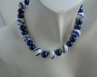 Tonal Blue and White Lampwork Statement Necklace, Chunky and Bold Bohemian Necklace, Bridesmaid Necklace, Beaded Necklace, Gift for Her