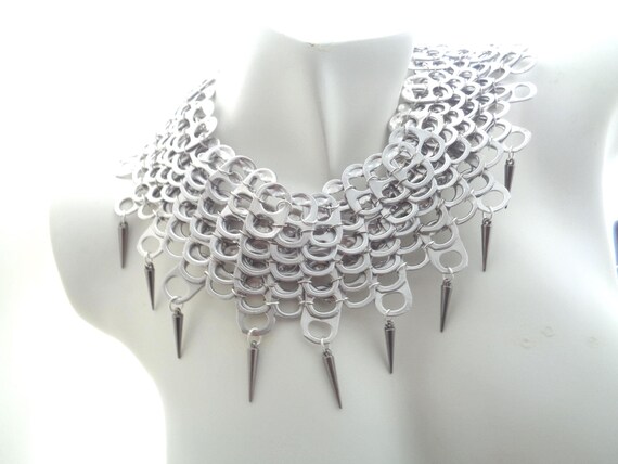 Upcycled Soda Tab Cowl Necklace – Gray Spiked Statement Jewelry – Handmade Bold Eco Accessory – Punk Recycled Choker, Recycled, Unisex Gift