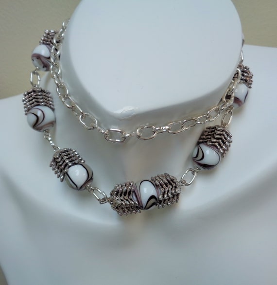 Chunky Lampwork Statement Necklace, Jasmine Pearl Like Stacked Necklace - Bib Statement Necklace - - Infinity necklace - Women Accessories