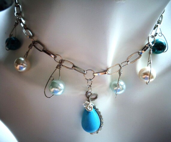 Teardrop Turquoise Pendant Necklace, Wrapped Wire Necklace, Pearl Glass Beads Necklace, Silver Chain Necklace, Bib Necklace, Women Necklace
