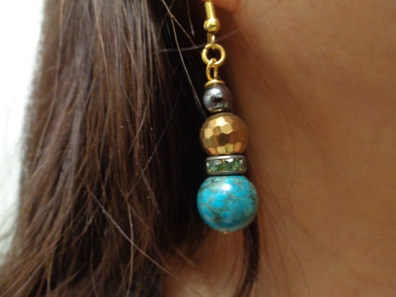Turquoise Boho Dangle Earrings – Gold & Hematite Beaded Drop Earrings – Handmade Natural Stone Jewelry – Festival Gift for Her -La Nesamarie