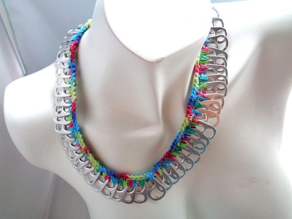 Pastel Recycled Soda Pull tab Necklace, Crocheted Pop Tabs Necklace, Pop Tabs Jewelry, Soda Pull tabs Necklace, Eco- Friendly/Vegan Necklace