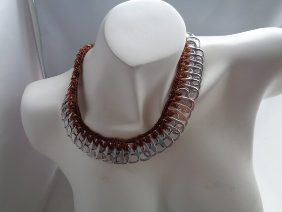 Brown /Gray Soda Pull Tabs Crochet Necklace, Recycled Pop Tabs Necklace, Eco Friendly, Gift for her, Women Accessories