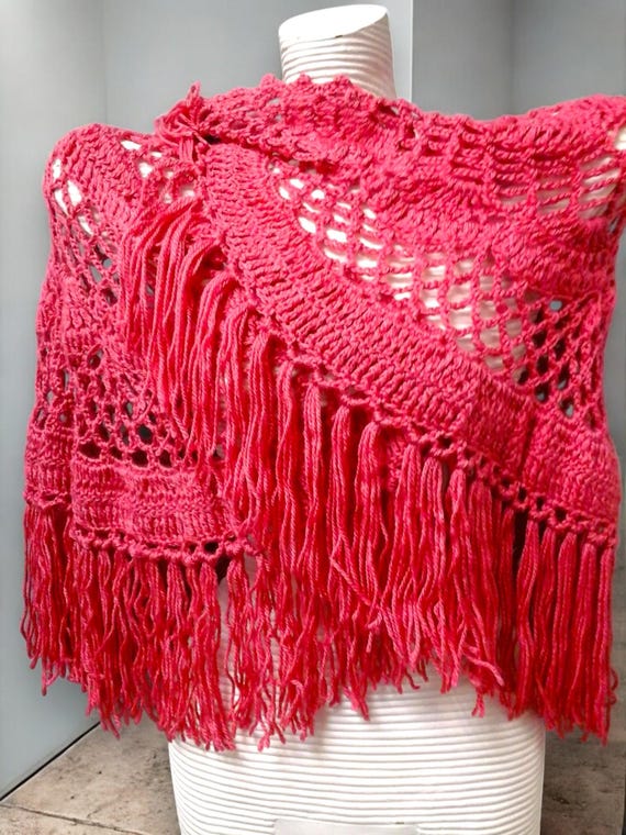 Red Triangle Crochet Shawl - Red Triangle Shawl - Red Tassel Shawl - Red Crochet Shawl - Women Red Crocheted Shawl - Light Red Shawl