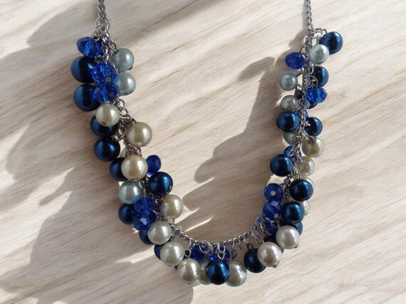 Blue White Pearl Bib Necklace, Royal Blue Crystal Statement Jewelry Set, Necklace, Bridal Accessories, Wedding Accessories, Beaded