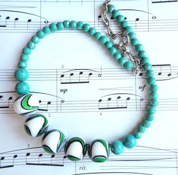 Boho Turquoise Beaded Necklace - Handmade Jewelry Gift - Music Lover Accessory - Unique Artisan Statement Piece - Swirled Lampwork Necklace
