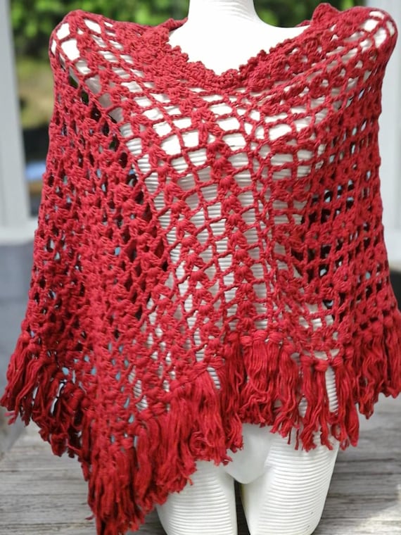 Handmade Red Crochet Poncho By La Nesamarie – Handmade Boho Shawl with Fringe – Cozy Open Weave Wrap – Women Accesories - Gift for Her