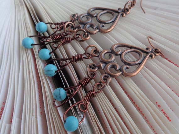 Antique Copper Steampunk n' Turquoise Earrings, Wire Wrap Chandelier Earrings, Statement Earrings, Long Chandelier Earrings, Dangle Earrings