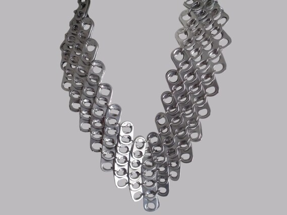 Handmade Upcycled Soda Tabs Necklace – Double-Sided V-Shaped Pop Tab Chainmail Jewelry, Stylish & Sustainable Recycled Art Piece