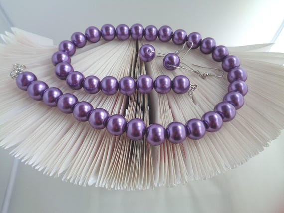 Purple Pearl Jewelry Set Necklace and Earrings, Bridesmaid Accessory, Bohemian Jewelry, Fashion Accessories,