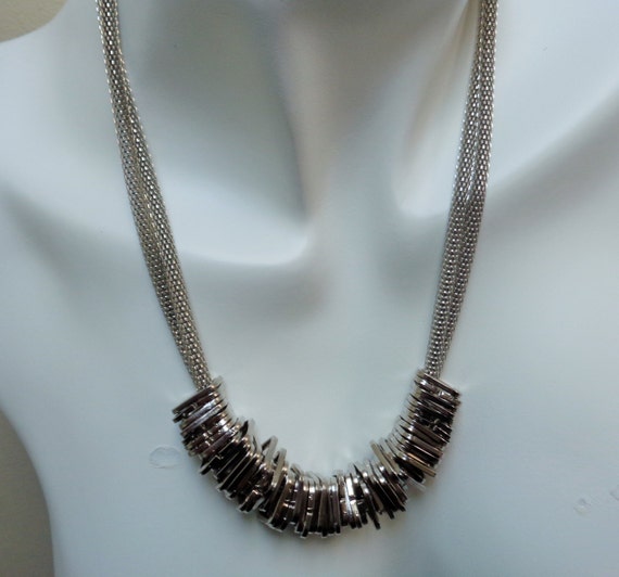Contemporary Platinum Square Ring Metal  Snake Chain Necklace, Square Metal Beads Bib Necklace, Snake Chain Bib Necklace, Beaded Necklace,