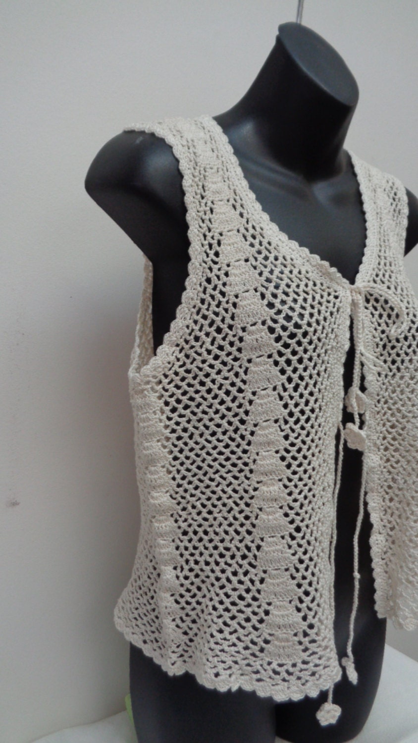 Natural Beige Sleeveless Crochet Cardigan, Crochet Sleeves Cardigan Vest, Open Front Sleeves ...