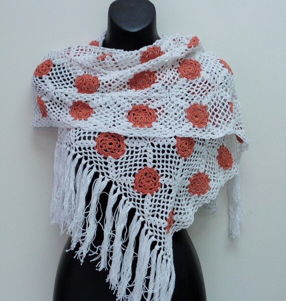 Autumn Wedding Shawl With Tassel - Marmalade & White Shawl - Rectangle Rusty White Shawl - Rusty Crochet Shawl - Tassel Scarf - Women Scarf