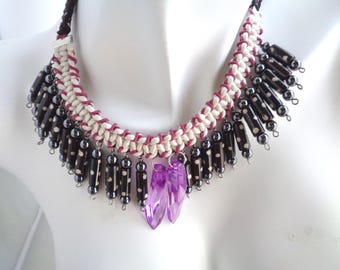 Black Polka Dot Glass Tube Necklace: Boho Bib Choker