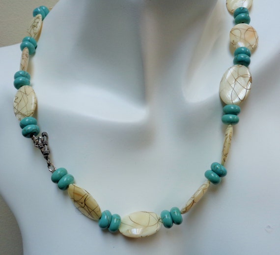 Turquoise Shell Disc Statement Necklace - Shell Disc Long Necklace - Turquoise Bold Necklace - Semi-precious Teal Necklace - by lanesamarie