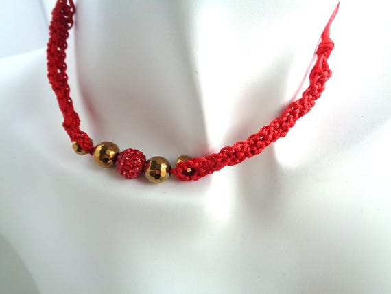 Red Paracord Macrame Choker Necklace | Lark Knot Design | Shambala and Gold Hematite Accent | Handmade Jewelry / Gift for Her - La Nesamarie