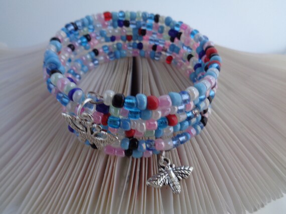 Whimsical Multi-Colored Memory Wire Bracelet – Multi-Stand Memory Wire Bracelet With 2 Silver Charms- Boho, Hippie, & Beach Vibes!