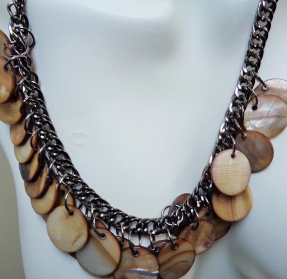 Round Iridescent Bib Necklace, Shell Disc Chain Statement Necklace, Bold Necklace, Fashion Jewelry, Women Accessories, by lanesamarie