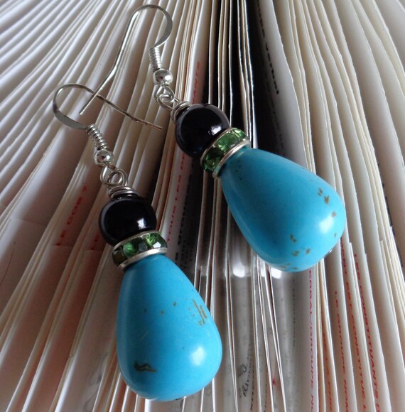 Teal & Black  Earrings with Peridot Green Rhinestones -Turquoise and Swarovski Mystic Black Drop Earring - Semi Precious Turquoise Earrings