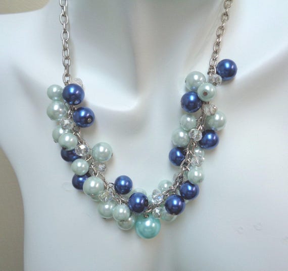 Shades of Blue Pearl Necklace, Pearl and Crystal Necklace - Tonal Blue necklace, Statement Necklace - Women Accessories - Beaded Necklace