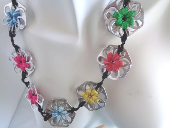 Handmade Upcycled Soda Tabs Necklace,  Eco-Friendly with Colorful Embroidery threads, Unique Artisan Statement Piece, Sustainable Fashion