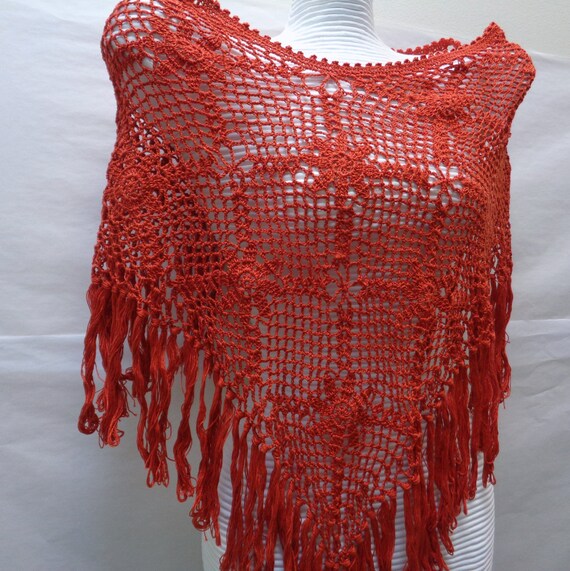 Burnt Orange Crocheted Capelet - Dark Orange Tassel Capelet - Terracotta Crochet Tassel Shawl -  Tassel Crochet Capelet - by lanesamarie