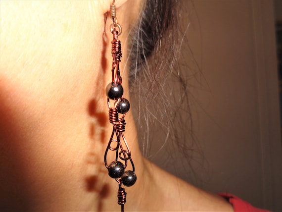 Black Hematite Copper Earrings, Long Earring Set,  Black Earrings, Copper Earrings, Beaded Earrings, Fashion Jewelry, Gift For her,