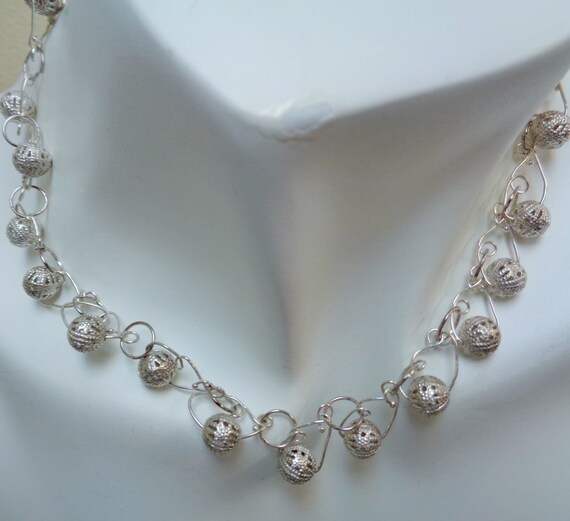 Silver Metal Beaded Necklace: Intricate Round Beads, Wedding Jewelry