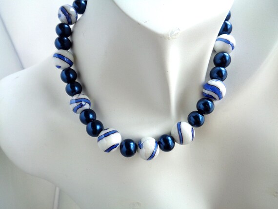 Tonal Blue and White Lampwork Statement Necklace, Chunky and Bold Bohemian Necklace, Bridesmaid Necklace, Beaded Necklace, Gift for Her