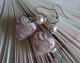 Baby Pink Lampwork Heart Earrings - Rose Gold Heart Glass Beaded Drop Earrings - Heart Lampworked Beads Stacked Earrings - by lanesamarie