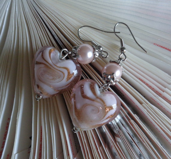 Handmade Baby Pink Lampwork Heart Earrings - Rose Gold Heart Glass Beaded Drop Earrings - Heart Lampworked Beads Stacked Earrings -