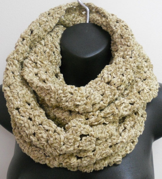Unisex Classic Golden Olive Scarf - Versatile Champagne Infinity Scarf - Unisex Eternity Crochet Scarf - Winter Accessories - by lanesamarie