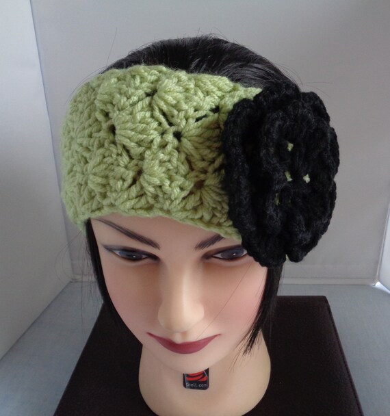 Crochet Ear Warmer with Black Flower Motif - Olive Green  Crochet Headband -  Crochet Ear warmer head band - Women Accessories