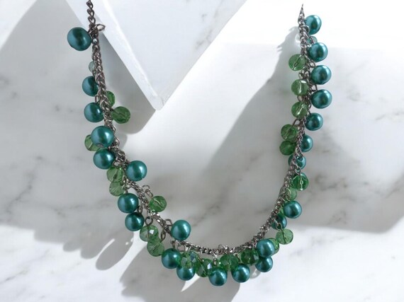 Bluish Green Pearl Crystal Bib Necklace and Long Earring Set, Wedding Accessories, Bridesmaid Jewelry Set, Beaded Fashion Accessories, Boho
