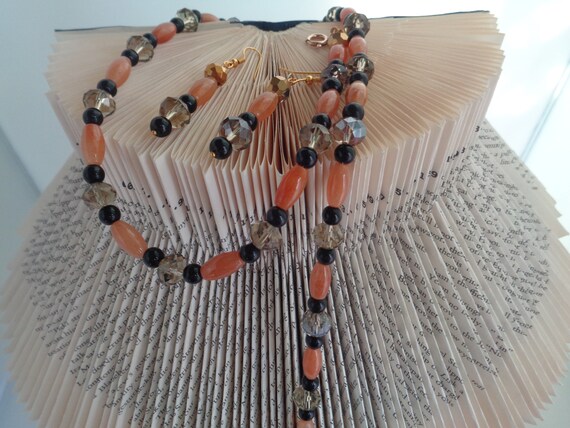 Orange Jade Rice Shape Necklace and Earring Set, Crystal Jewelry SetBlack Onyx Necklace and Earrings, Beaded Jewelry, Women's Necklace