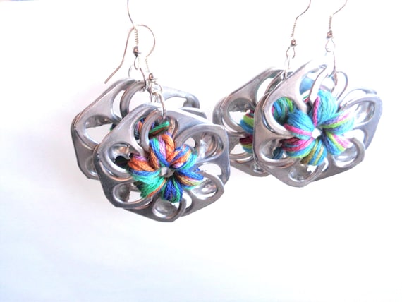 2 Sets Pop Tab Flower Earrings – Eco-Friendly Pastel Drop Dangles – Upcycled Boho Jewelry – Vegan Friendly Statement Earrings