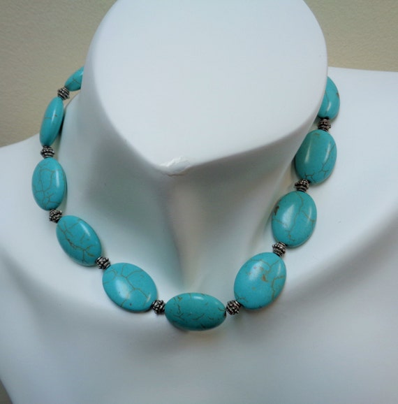 Oval Turquoise Jewelry Set - Teal Turquoise Necklace Bracelet Earring Sets - Semi Precious Beaded Jewelry Set - Gift for her -by lanesamarie