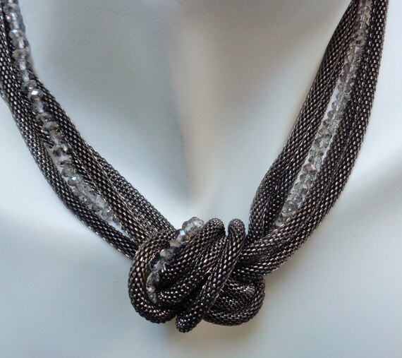 Dark Gray Multistrand Necklace, Snake Chain Clear Crystal Necklace, Knotted Snake Chain Necklace, Beaded Jewelry, Gift for her,  lanesamarie