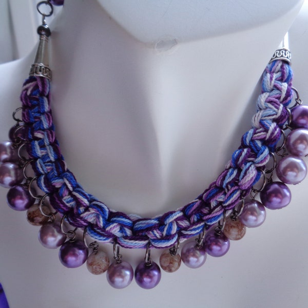 Shades of Purple Glass Beaded Choker, Macrame Square Knot Bib Choker Necklace, Statement Necklace, Glass Beaded Necklace, Fashion Jewelry