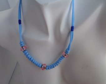 Light Blue Paracord Snake Knot Pink European Glass Bead Necklace. Sky Blue Necklace, Minimalist Necklace, Beaded Jewelry, Fashion Accessory