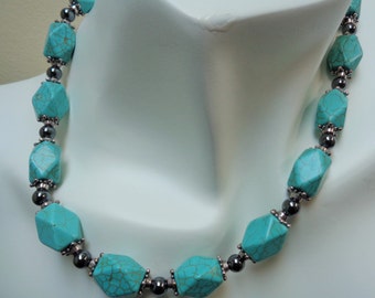 Turquoise Howlite Necklace Earring Set: Black Hematite Jewelry