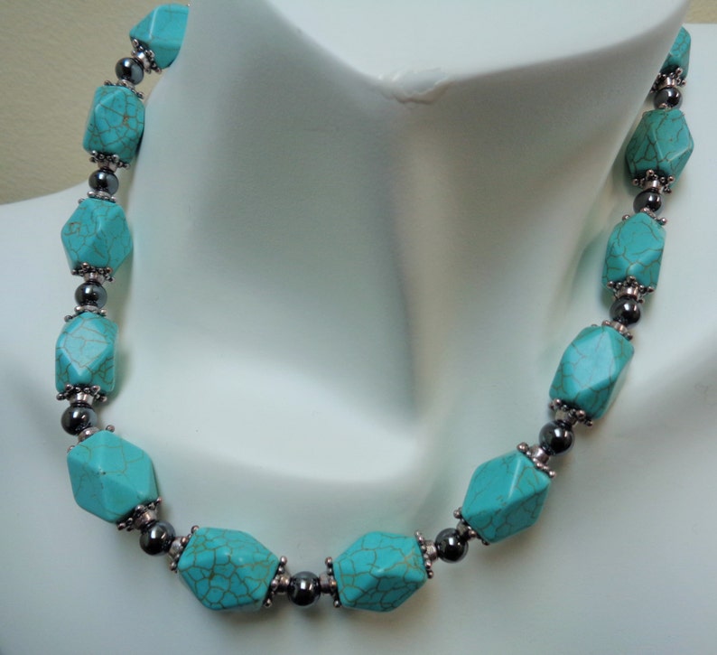 by lanesamarie Turquoise and Black Jewelry set Geometric Black Hematite /& Howlite Necklace Earring Set Non Magnetic Hematite Jewelry Set