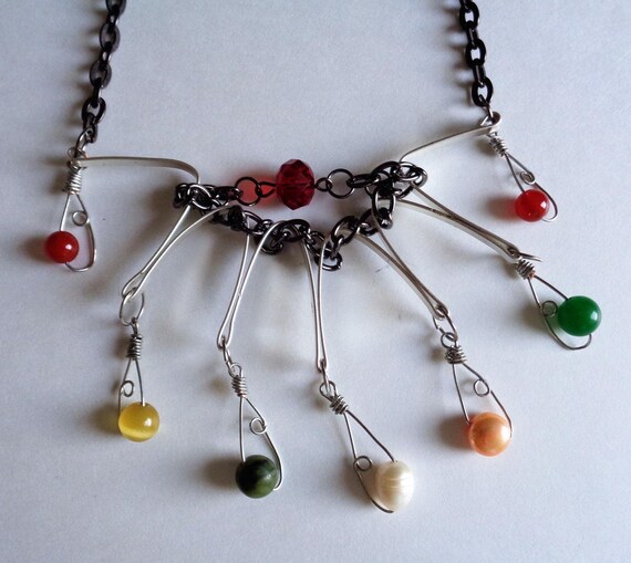 Chakra Inspired Necklace – Gemstone Statement Pendant – Freshwater Pearl, Carnelian, Jasper, Crystal & Cat Eye Beaded Jewelry