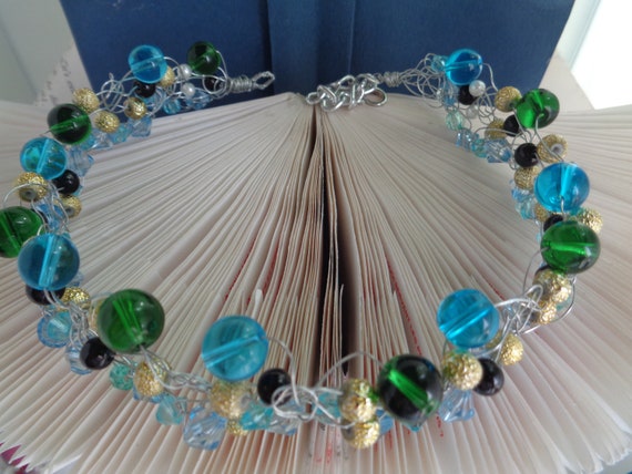 Crochet Wire Necklace in Blue n' Green, Gold Stardust Beaded Crochet Choker Necklace, Black Onyx Crystal Choker Necklace, Women Accessories