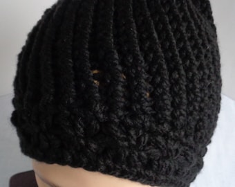 Black Crochet Messy Bun Hat: Unisex Ponytail Beanie